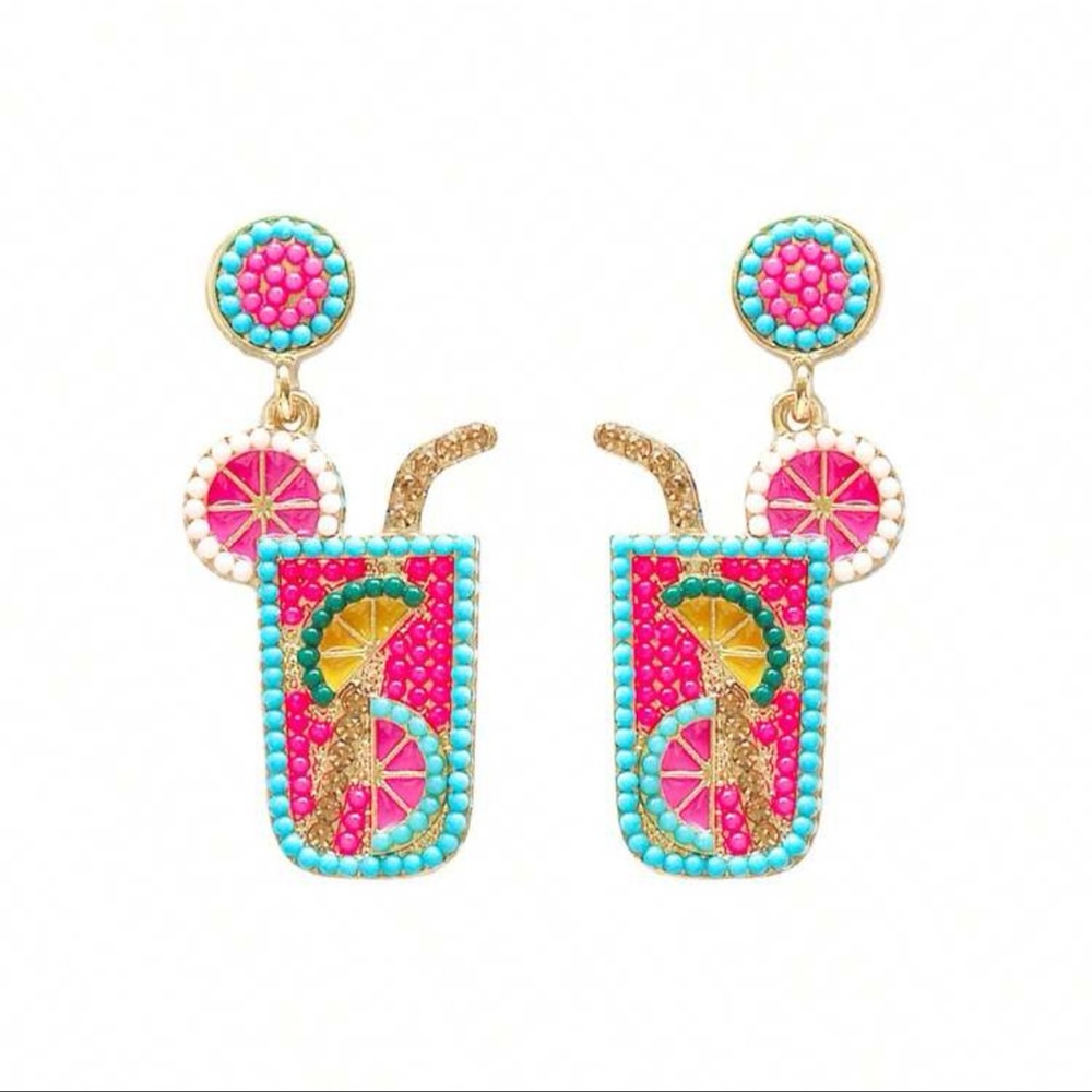 Handbeaded Tropical Drink Earrings - Pink - Picture 1 of 1